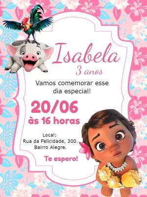 Convite Aniversário Moana Baby Rosa para Editar Online