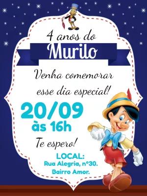 Convite de Aniversário Pinóquio para Editar e Enviar Online