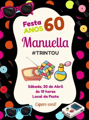 Convite Aniversário Festa Retrô Anos 60 Editável Online