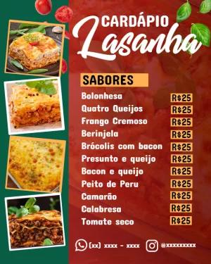 Cardápio de Lasanha com Sabores e Preços para Editar Online