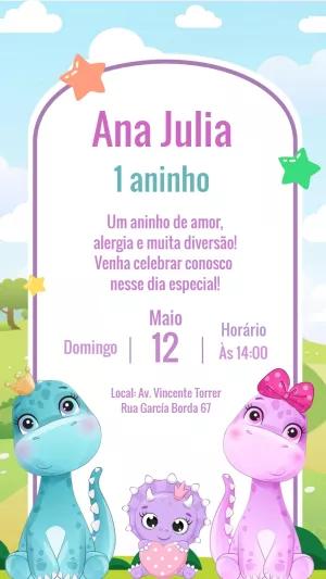 Convite Aniversário Dinossauro Baby Menina para Editar Online