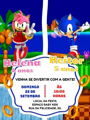 Convite Aniversário Duplo Sonic e Amy para Editar Online