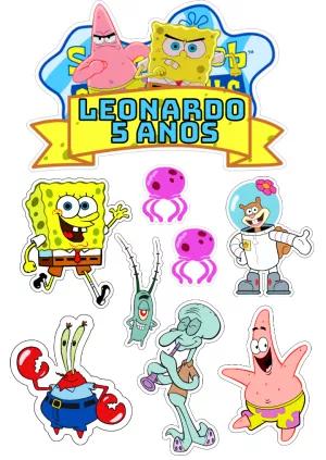 Topo de Bolo Bob Esponja para Aniversário Editável com Personagens