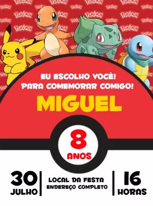 Convite Aniversário Pokémon com Personagens para Editar Online