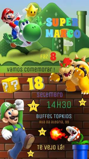 Convite de Aniversário Super Mario Bros com Personagens para Editar
