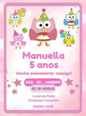 Convite de Aniversário Corujinhas Fofas para Editar Online