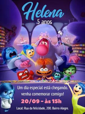 Convite de Aniversário Divertida Mente com Personagens Editável