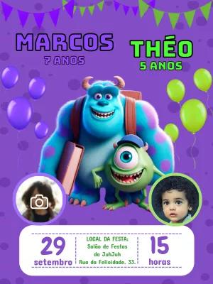 Convite Aniversário Duplo Monstros S.A. com Foto para Editar
