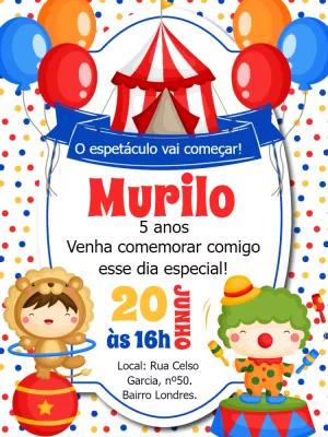 Convite de Aniversário Circo com Personagens para Editar Online