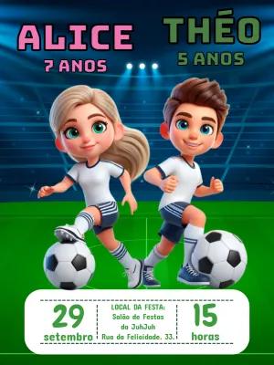 Convite Aniversário Futebol Duplo Menina e Menino para Editar