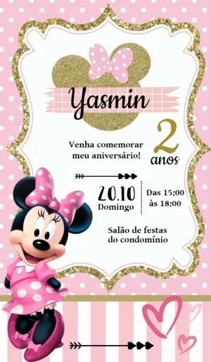 Convite Aniversário Minnie Rosa e Dourado para Editar Online