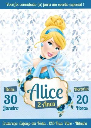 Convite Aniversário Cinderela Princesas Disney para Editar Online