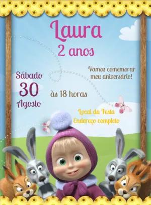 Convite Aniversário Masha e o Urso com Animais para Editar