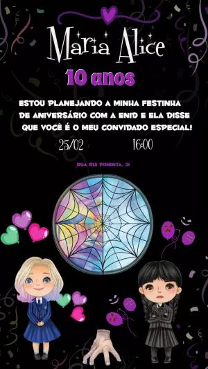 Convite Aniversário Wandinha e Enid para Editar Online