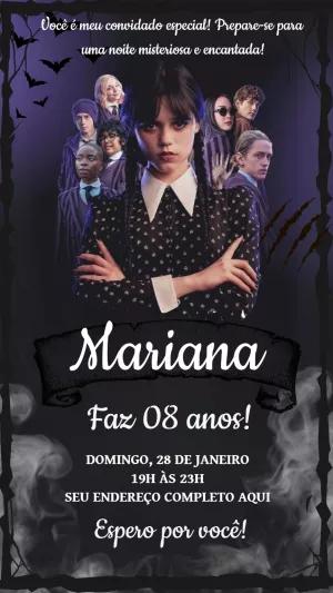 Convite de Aniversário Wandinha Addams com Personagens para Editar