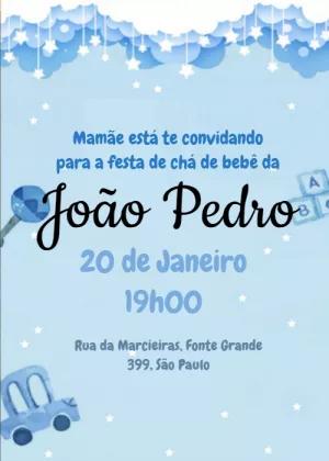 Convite Chá de Bebê Menino Céu Azul e Estrelas para Editar