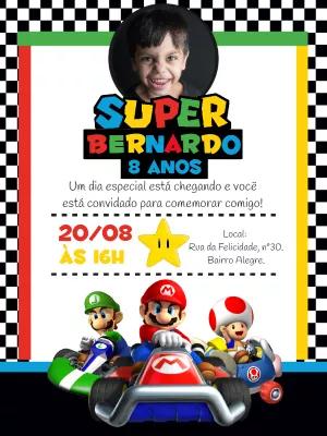 Convite de Aniversário Mário Kart com Foto para Editar Online