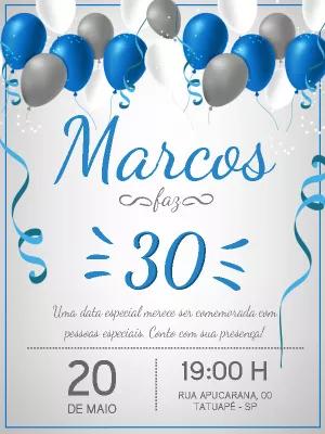 Convite Aniversário Masculino Balões Azul e Prata para Editar