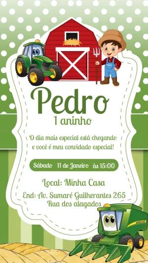 Convite Aniversário Fazendinha com Trator para Editar Online