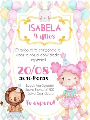 Convite Aniversário Circo Rosa com Animais para Editar Online
