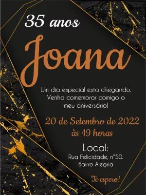 Convite Aniversário Adulto Minimalista Preto e Dourado para Editar