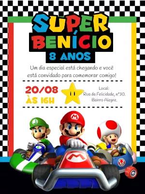 Convite Aniversário Mário Kart com Personagens para Editar Online