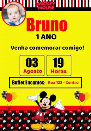 Convite Aniversário Mickey Mouse com Foto para Editar Online