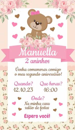 Convite de Aniversário Ursinha Floral para Editar Online