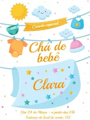 Convite Chá de Bebê Roupinhas no Varal para Editar Online