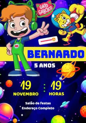 Convite Aniversário Gato Galáctico com Personagens para Editar