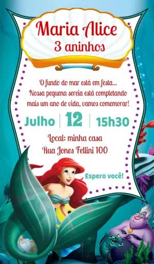 Convite Aniversário A Pequena Sereia Ariel para Editar Online