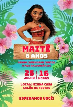 Convite Aniversário Moana para Editar Online e Imprimir