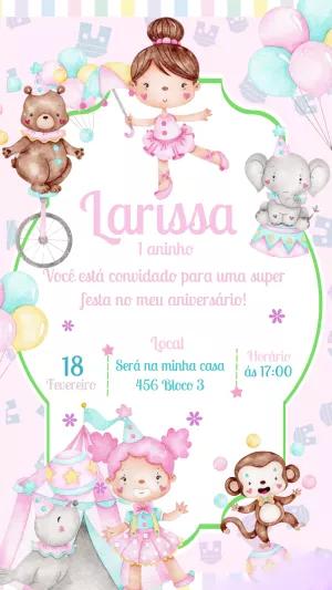 Convite Aniversário Circo Rosa Aquarela para Editar Online