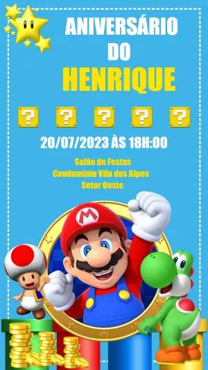 Convite de Aniversário Super Mario com Personagens Editável Online