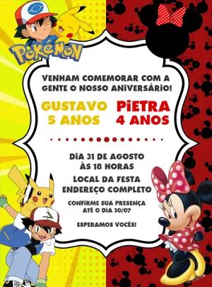Convite Aniversário Duplo Pokémon e Minnie Vermelha para Editar