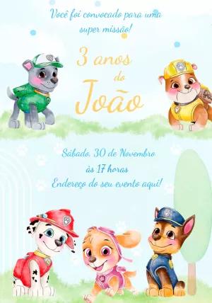 Convite Aniversário Patrulha Canina Aquarela para Editar