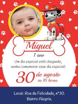 Convite Aniversário Patrulha Canina Marshall com Foto para Editar