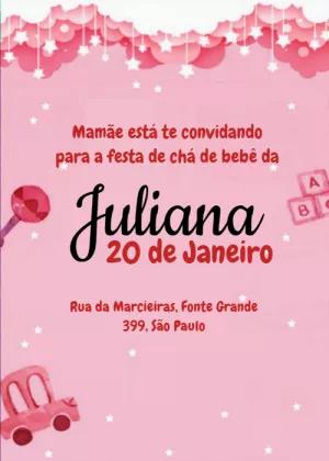 Convite Chá de Bebê Menina Rosa e Estrelas para Editar Online