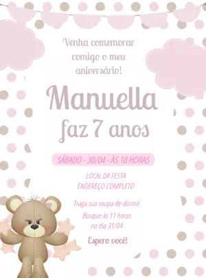 Convite de Aniversário Ursinha Rosa para Editar Online