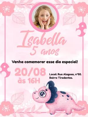 Convite Aniversário Dinossauro Rosa com Foto para Editar