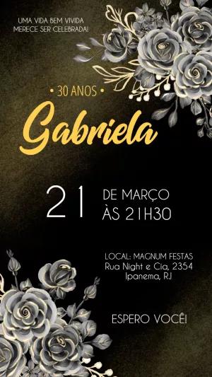 Convite de Aniversário Floral Preto e Dourado para Editar Online