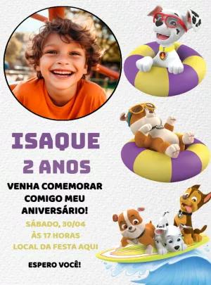 Convite Aniversário Patrulha Canina Pool Party com Foto para Editar