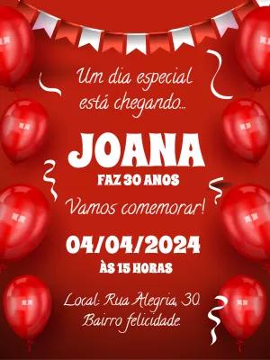 Convite de Aniversário com Balões Vermelhos para Editar Online