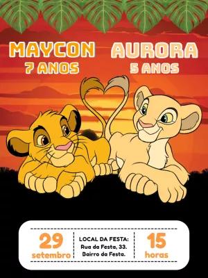 Convite Aniversário Duplo Rei Leão com Simba e Nala para Editar