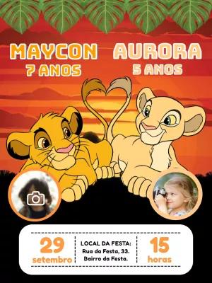 Convite Aniversário Duplo Rei Leão com Foto para Editar Online
