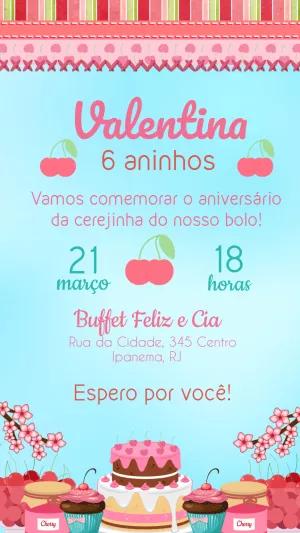 Convite de Aniversário Cereja para Editar Online e Imprimir