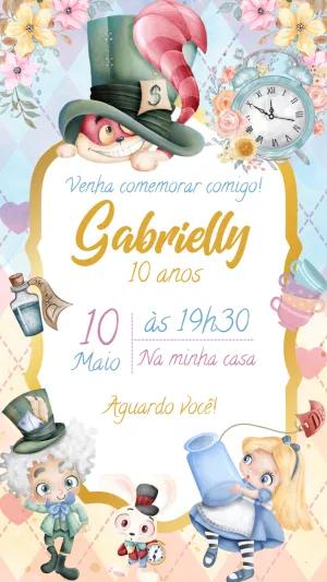 Convite Aniversário Alice no País das Maravilhas Aquarela Editável