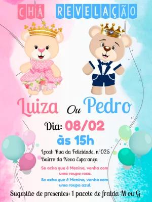 Convite Chá Revelação Ursinhos Realeza para Editar Online