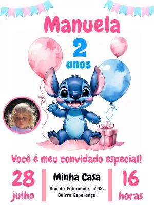 Convite Aniversário Stitch com Foto para Editar Online