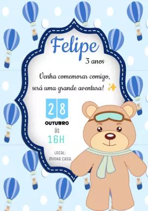Convite de Aniversário Ursinho Baloeiro para Editar Online